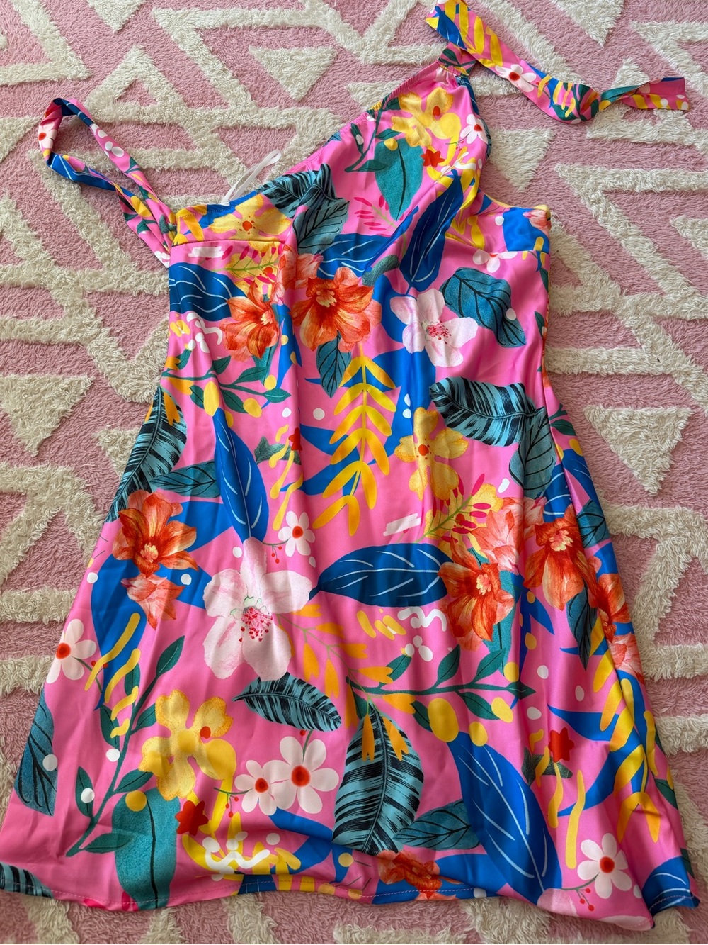 SHEIN Pink Floral Tropical Print Dress with Blue Accents